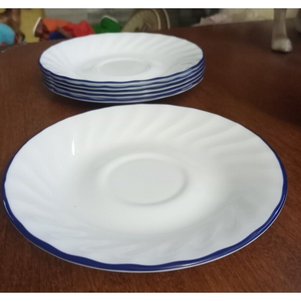 lot of 6 Vintage Corelle Blue Trim Swirl saucer plate Corning USA microwave 6"